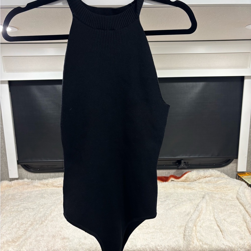 Black Ribbed Sleeveless Bodysuit